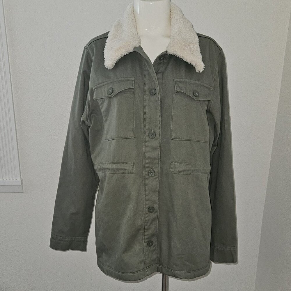Hang Ten Women's Olive Green Utility Coat Sherpa Collar Button Front Size XL